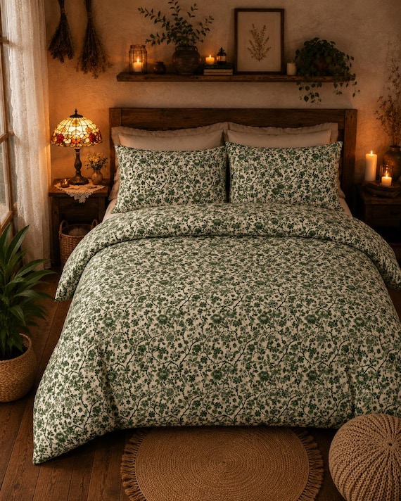 Grün Witchy Baumwolle Bettbezug, Floral Toile Chinoiserie Bettwäsche Set, Gothic Französisch Cottage Style Boho Bettwäsche, Twin, Queen, King Size