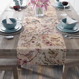 Vintage Vögel Floral Tischläufer, Tischdekoration, Frühling / Sommer Küchendekoration, Baumwolle oder Poly Tischwäsche, Herbst Dekor, gedrucktes Design