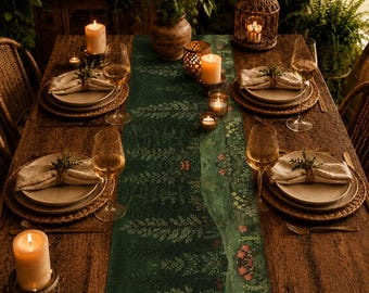 Woodland Table Runner, Eco-Friendly Cotton or Poly, Nature Forest Dining, Faux Embroidery Printed Design 16"x72", Holiday Hosting Decor