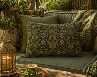 Floral Damask Outdoor Pillow, William Morris Inspired Vintage Botanical Patio Throw Cushion, Olive Green, Water-Resistant, 4 Sizes