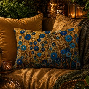Può includere: Un cuscino rettangolare caratterizzato da un vivace motivo di fiori circolari blu con centri dorati su uno sfondo testurizzato color oro e marrone. Il design presenta intricate linee vorticose e motivi botanici sulla superficie del tessuto.