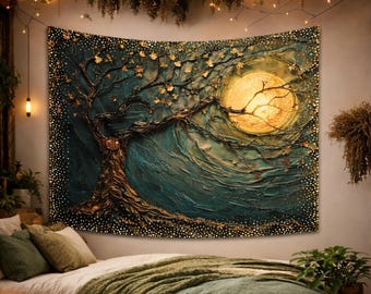 Moonlit Tree of Life Altar Cloth, Tarot Cloth, Altar Decoration or Custom Wall Tapestry, Occult Decor Gift, Witchy Gifts, 3 sizes