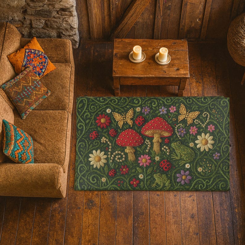 May include: A rectangular area rug featuring a dark green background with a detailed nature-inspired pattern. The design includes two large red mushrooms, two green frogs, yellow butterflies, ladybugs, and various colourful flowers and vines.