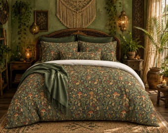 William Morris Inspired Mushroom Forest  Bedspread Comforter, Woodland Fungi 100% Cotton Cottagecore Bedding, Matching Pillow Covers