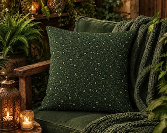 Floral  Outdoor Pillow, Green Botanical Patio Throw Cushion, water Resistant, Printed Faux Embroidery, 4 Sizes