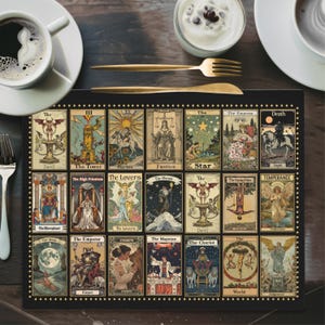 Tarot Placemat, Boho Kitchen Dining Table Placemat, 100% Cotton, 18”x14”, Vintage Tarot Cards Patchwork Printed, Witchy Decor New Home Gifts