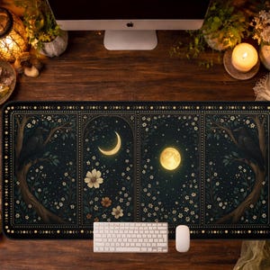 Celestial Raven Desk Mat, Witchy Moon Phase Mousepad, Night Sky Table Mat, Large Whimsigoth Desk Pad, 31x15.5", Witchy Desk Accessories