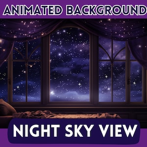Könnte beinhalten: Ein Fenster mit dunkelvioletten Vorhängen und Blick auf einen sternenklaren Nachthimmel. Der Text "NIGHT SKY VIEW" befindet sich am unteren Rand des Bildes.