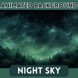 Puede incluir: Una ilustración digital de un cielo nocturno con un bosque en primer plano. El cielo es verde oscuro con estrellas blancas y nubes. El bosque es verde oscuro con árboles de diferentes alturas.