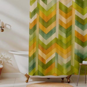 Mid Century Modern Chevron Shower Curtain | Teal Green Geometric Bathroom Decor | Retro Statement Bathroom Design