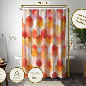 Geometric Shower Curtain | Waterproof Fabric Curtain | Red and Orange Bathroom Decor Colourful Housewarming Gift for Bathroom | Bath Mat