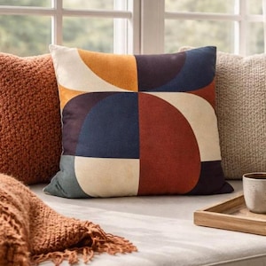 Geometric Color Block Cushion Cover | Art Deco Throw Pillow | Navy Terracotta Rust Cream | Retro Boho Accent Pillow