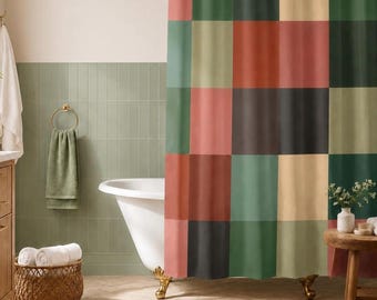 Tenda da doccia a blocchi di colore - Arredamento bagno moderno in terracotta e verde acqua - Tenda da bagno in stile moderno di metà secolo con motivo geometrico