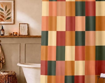 Tenda da doccia a scacchiera / Design geometrico moderno / Toni caldi di senape, terracotta e verde oliva