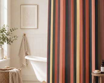 Tenda da doccia a righe moderna - Arredamento bagno dai toni caldi della terra - Tenda da bagno contemporanea a blocchi di colore ruggine, argilla, terracotta, rosa cipria e marrone