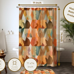Modern Geometric Shower Curtain | Warm Earth Tones Bathroom Decor | Patterned Shower Accessories Retro Rust Orange, Sage and Earthy Neutrals