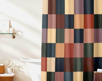 Tenda da doccia a blocchi di colore / Decorazione bagno moderna a scacchiera colorata / Stile moderno di metà secolo
