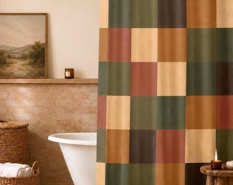 Tenda da doccia con motivo a blocchi di colore / Arredamento bagno dai toni tenui della terra / Verde oliva, beige rosato e caramello, colori neutri contemporanei