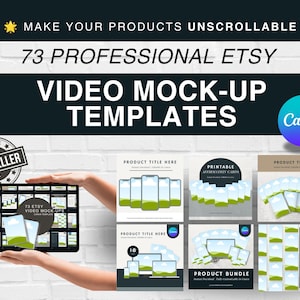 Könnte beinhalten: Werbung für 73 professionelle Etsy-Video-Mockup-Vorlagen. Der Text lautet „Machen Sie Ihre Produkte unscrollbar“ und „Bestseller“. Das Bild enthält Mockups von Telefonen, Tablets und anderen digitalen Produkten. Das Canva-Logo ist sichtbar.