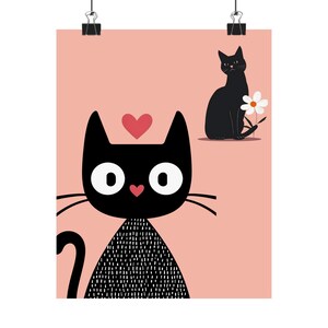 Lámina de gato, póster vertical mate, regalo para amantes de los animales, decoración de gato negro, arte de pared de gato adorable, decoración del hogar, póster de gato encantador