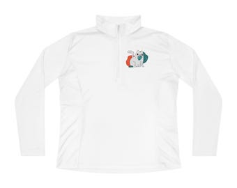 Cute Cat with Leaf Illustration Ladies Quarter-Zip Pullover Whimsical Pet Art