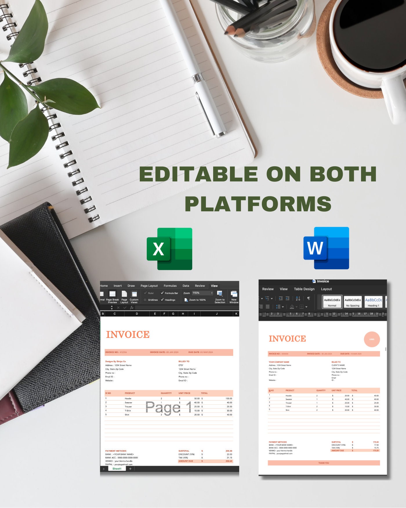 Invoice Template Pdf/excel/word Invoice Simple Invoice Word Editable