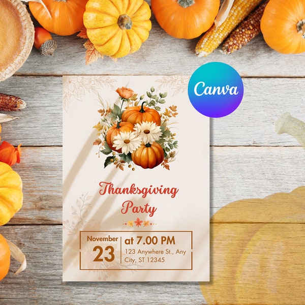 Canva Editable Thanksgiving Dinner Invitation Brown Minimalistic Invite Pumpkin Thanksgiving Canva Template Poster Simple Art Invitation