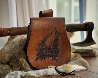 Large Leather Pouch | Hand Carved Wolf Emblem