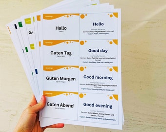 May include: A stack of white cards with orange and yellow accents. Each card has a German greeting word, its pronunciation, and an English translation. The greetings include "Hallo", "Guten Tag", "Guten Morgen", and "Guten Abend".
