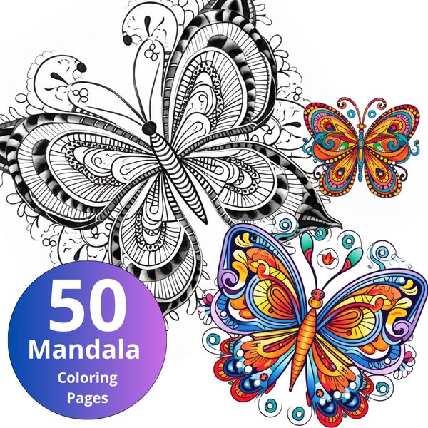 Butterfly Mandala coloring pages for adult. instant PDF download of 50 Coloring pages for your art and color therapy
