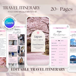 20+ Page Editable Travel Itinerary Planner Template | Customizable Canva Mobile Itinerary | Traveling Guide | Holiday Travel Schedule Guide