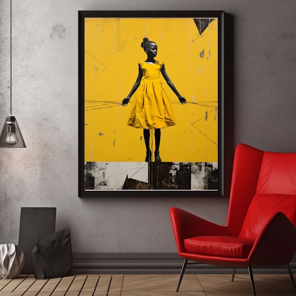 Whimsical "Emma" Kids Portrait Art – Black & Yellow 60s African Style, Perfect Heirloom Gift for New Parents