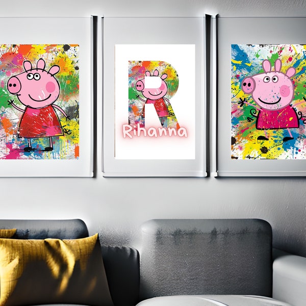 Peppa Pig Comic Print Trio - Custom Vibrant Kids Bedroom Wall Decor, Name-Included Cartoon Artwork, Perfect Children's Gift, PeppaPig