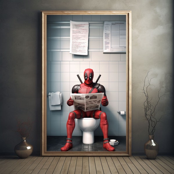 deadpool, marvel, marvel poster, restroom wall art, humorous poster, superhero, toilet humor, funny bathroom sign, avengers, toilet art
