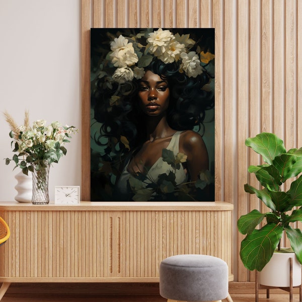 Black woman head flowers poster, Melanin art, black queen wall art, black girl print, print poster, flower woman digital art print