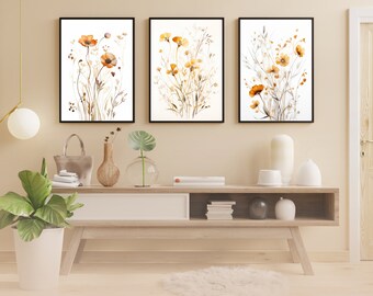 Flower Market Print - 3 piece wall art, Matisse print , bauhaus print, Wildflower Print Set, Botanical Pressed Flower Wall Art