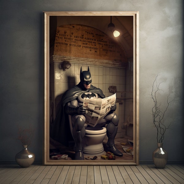 Batman, DC, DC Comics, kunst aan de muur toilet, humoristische poster, Justice League, superheld, toilethumor, grappig badkamerbord, strip, toiletkunst