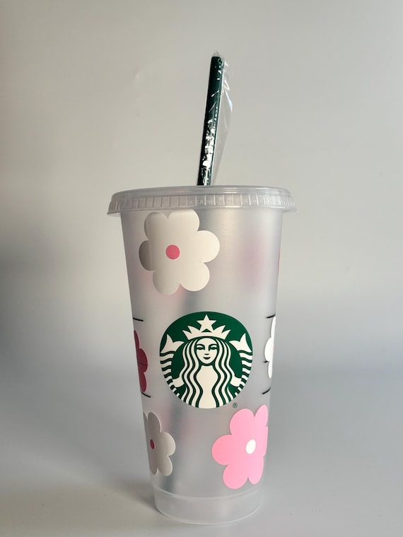 Wiederverwendbarer Starbucks Kaltbecher mit Blumenmuster - 24 Unzen mit Deckel und Strohhalm