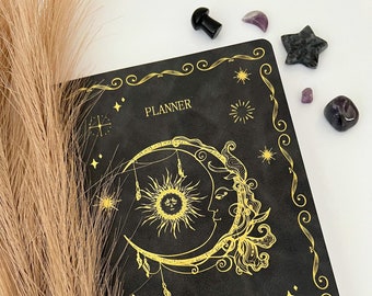 A5 Witchy Planner Diary | Sun Moon Celestial Zodiac Spiritual Journal Notebook Black Gold Gift