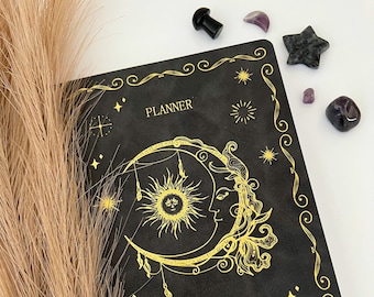 A5 Witchy Planner Diary | Sun Moon Celestial Zodiac Spiritual Journal Notebook Black Gold Gift