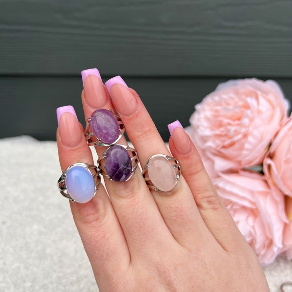 Crystal Oval Ring | Brass Adjustable Ring Rose Quartz Amethyst Jewellery Ring Witchy Gift