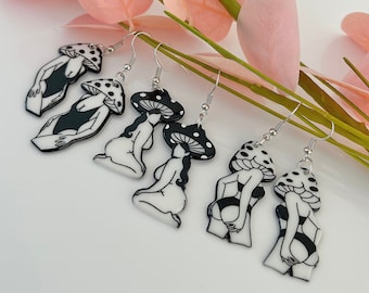 Mushroom Woman Body Earrings | Dangly Drop Earring Fashion Jewellery Female Goddess Cottage Core Witchy Gift