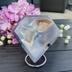 Druzy Agate Diamond with Stand | 5 Sided Diamond Crystal Carving Point Healing Chakra Decor Witchy Gift