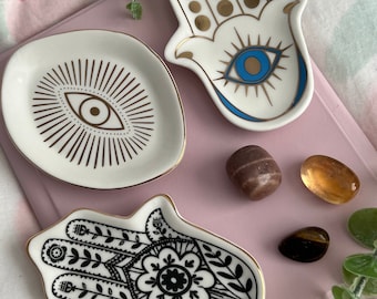 Mini porte-objets Evil Eye Hamsa Hand | Assiette décorative pour la maison Assiette décorative pour chakra de l'œil-de-voyage