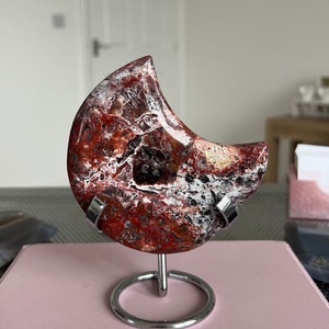 Mexican Crazy Lace Agate Moon with Stand | Druzy Agate Crystal Carving Point Healing Chakra Decor Witchy Gift