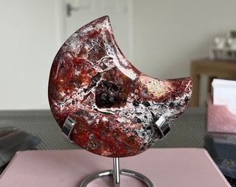 Luna de ágata mexicana Crazy Lace con soporte / Punta tallada de cristal de ágata drusa, decoración de chakras curativos, regalo de bruja