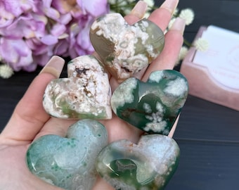 Green Flower Agate Heart | Dyed Crystal Carving Healing Chakra Witchy Gift