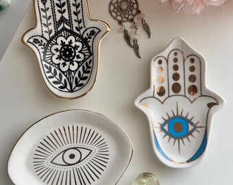 Mini plato de baratijas con forma de mano de Hamsa de mal de ojo/plato decorativo para el hogar, plato decorativo para joyería del chakra del ojo que ve, regalo de bruja