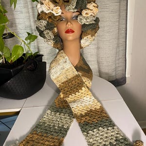 2 Piece Crocheted Ruffled Hat and Scarf Sets with Adjustable Drawstring (5 ft Scarf)
