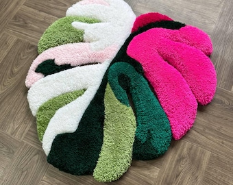 Monstera Rug – Handmade Tufted 3D Carpet, Green Pink White Leaf Rug, Unique Room Decor, Custom Shaped Plant Rug.Custom rugs Cool rug
